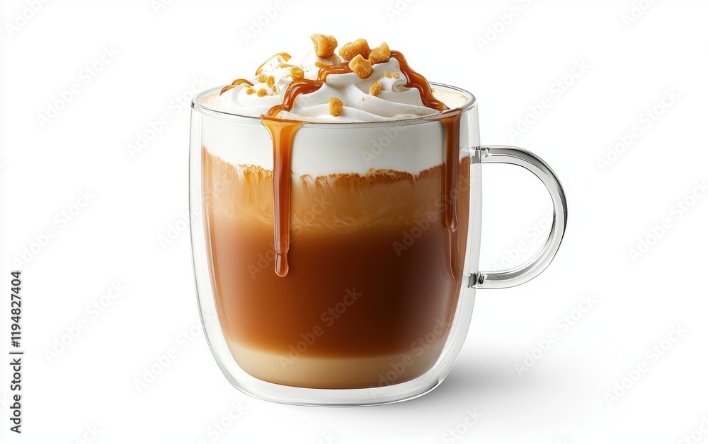 A velvety macchiato with caramel drips hovering dynamically on a clean white background A velvety macchiato with caramel drips hovering dynamically on a clean white background