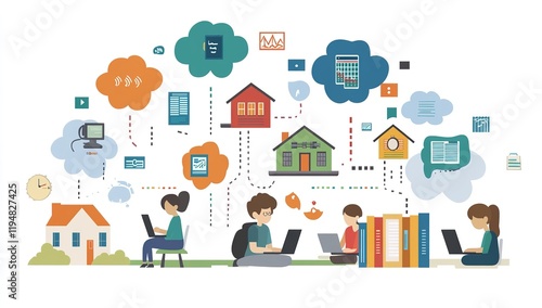 Flat vector illustration of students and AI using computers photo