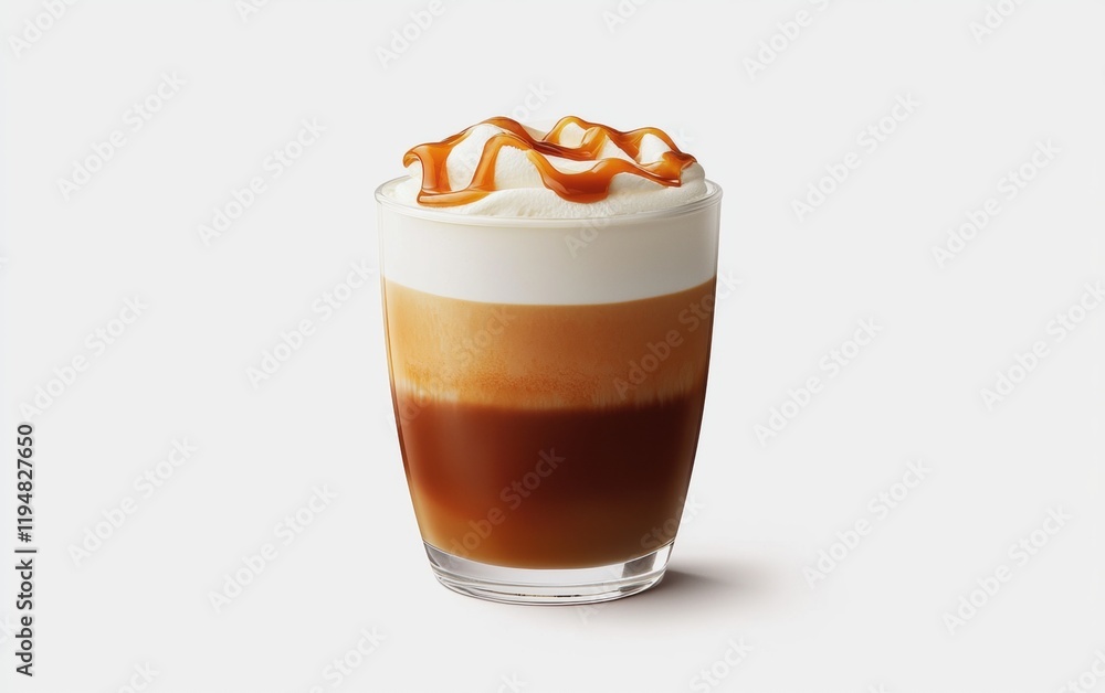 A velvety macchiato with caramel drips hovering dynamically on a clean white background A velvety macchiato with caramel drips hovering dynamically on a clean white background