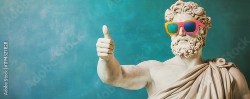 Ancient Greek statue giving a thumbs-up, adorned with colorful sunglasses. A playful fusion of classical art and modern pop culture, ideal for stock use in creative, artistic, or trendy design project