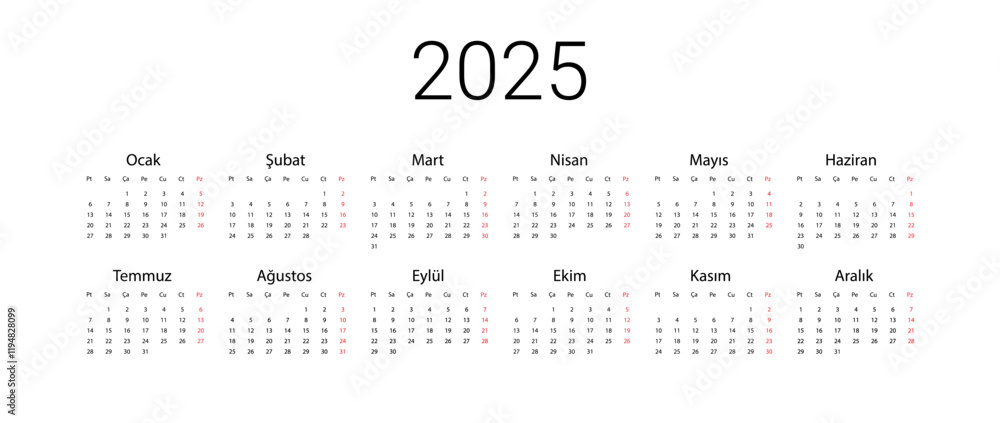 Turkish 2025 calendar. Vector illustration design template start from monday. Full months for wall calendar