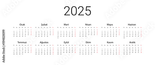 Obraz na płótnie Turkish 2025 calendar. Vector illustration design template start from monday. Full months for wall calendar w salonie
