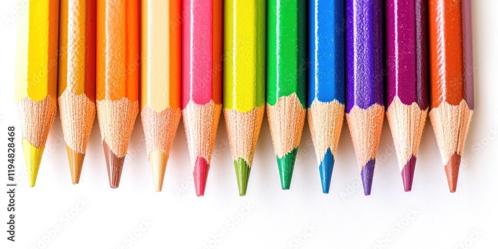 Vibrant spectrum of colored pencils arranged in a row against a white background with tips in red, green, blue, and purple shades shining brightly. Vibrant spectrum of colored pencils arranged in a row against a white background with tips in red, green, blue, and purple shades shining brightly.