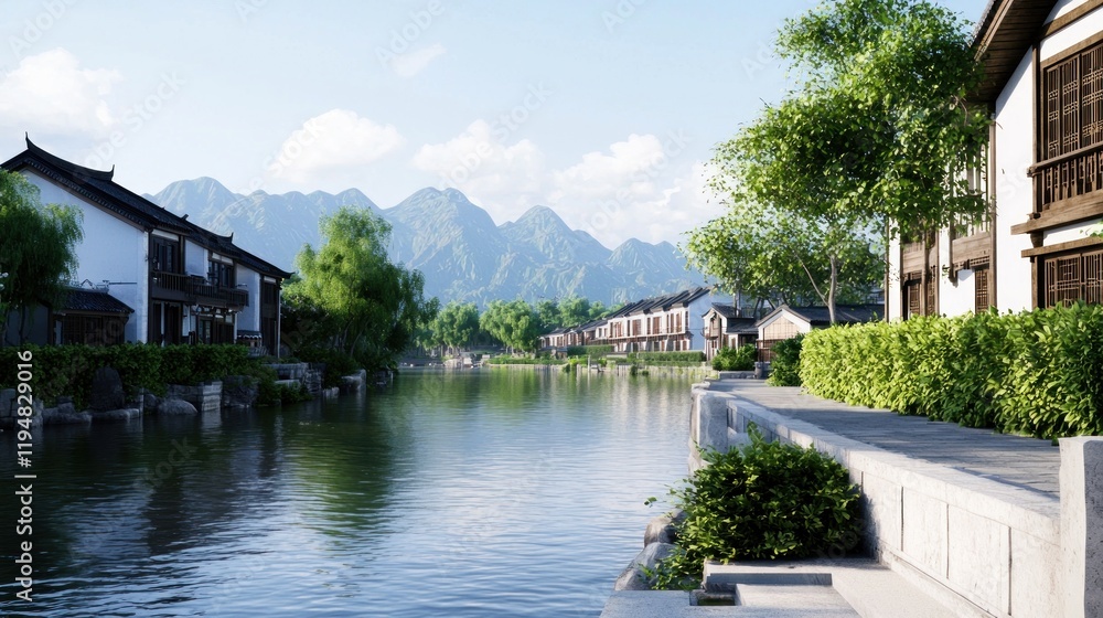 Peaceful Canal Village Landscape