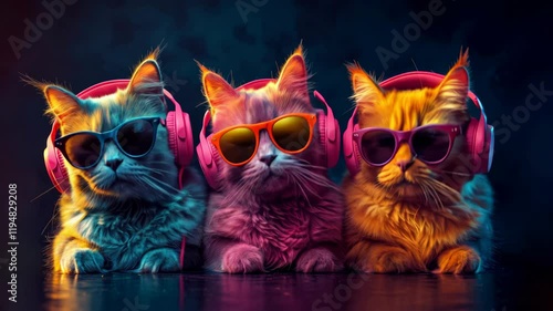 A group of three multi-colored cats with headphones and sunglasses move synchronously on a dark background.