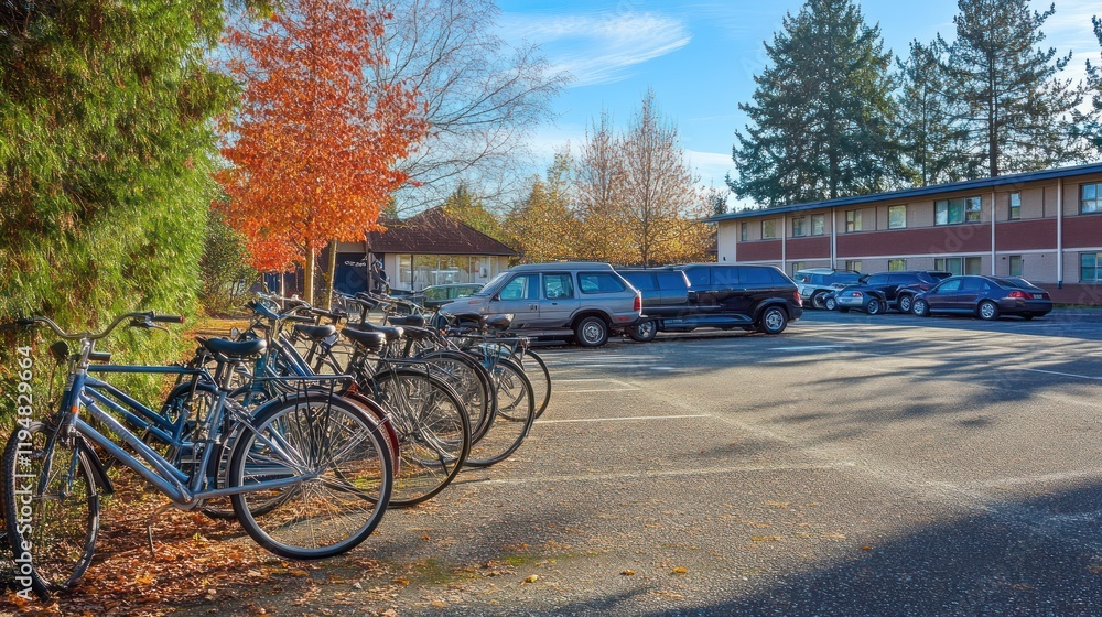 Fototapeta premium A suburban parking area at a school, with minivans and bicycles parked side by side