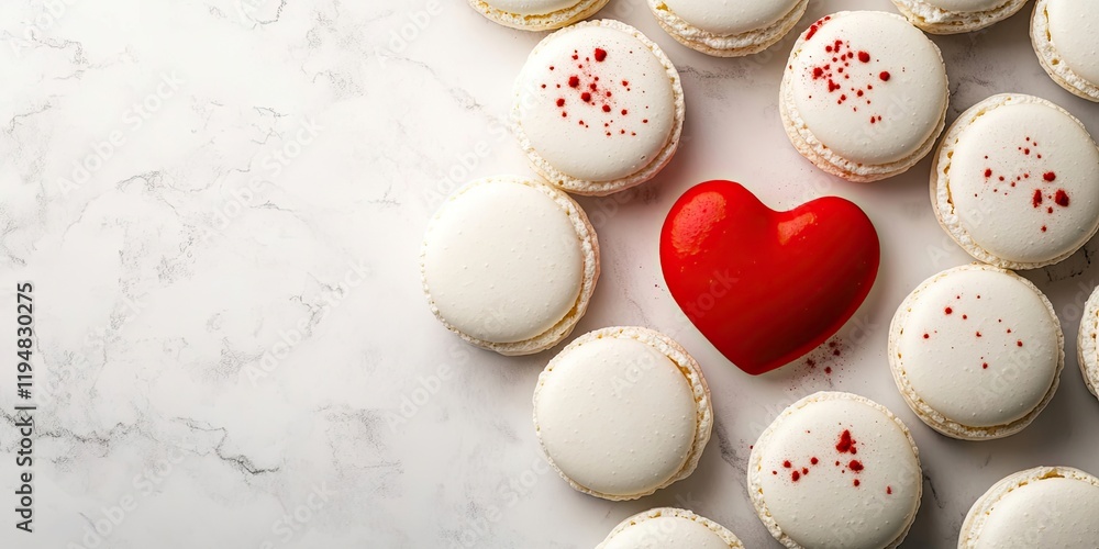 Aerial view of white macarons scattered around a central red heart on a light marble background with space for text on the right side Aerial view of white macarons scattered around a central red heart on a light marble background with space for text on the right side