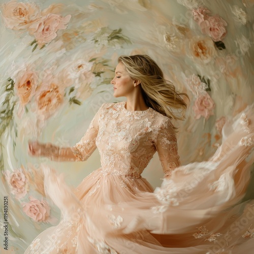 Elegant woman in soft peachpink dress dancing amid floral art studio setting fashion dreamy atmosphere photo