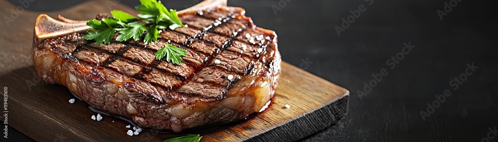 Bone-in ribeye steak resting on a board, garnished with sea salt and fresh parsley Bone-in ribeye steak resting on a board, garnished with sea salt and fresh parsley
