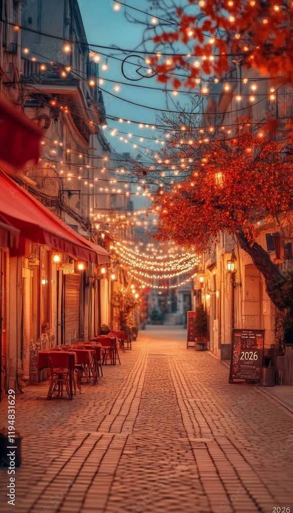 Obraz premium Festive European Street Illuminated for Christmas, Glowing with Warmth and Holiday Spirit