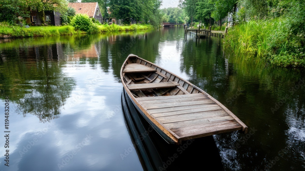 A serene view of a wooden boat on a calm canal surrounded by greenery. A serene view of a wooden boat on a calm canal surrounded by greenery.