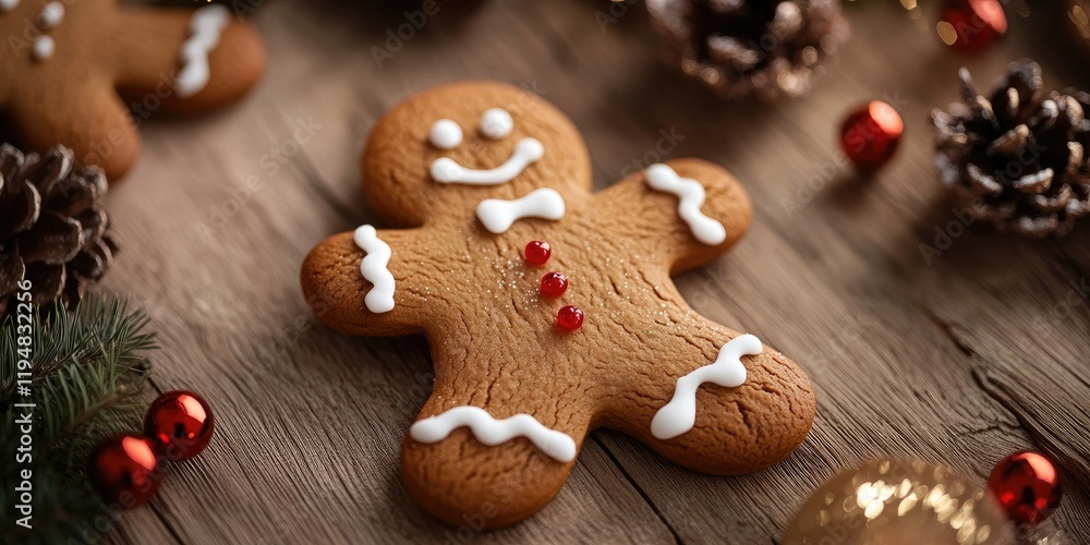 Gingerbread man cookie smiling on wooden tabletop surrounded by pine cones and red ornaments in warm cozy Christmas setting overhead view Gingerbread man cookie smiling on wooden tabletop surrounded by pine cones and red ornaments in warm cozy Christmas setting overhead view