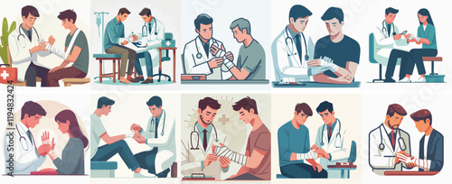 Vector set of Doctor examining patient's hand