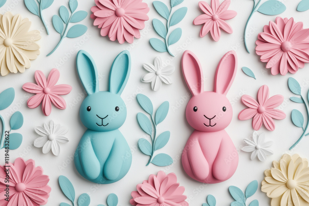 Obraz premium Colorful bunnies and flowers made of fondant for festive celebrations or crafts.