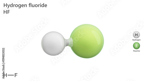 Molecule: Hydrogen Fluoride. Colorless gas or fuming liquid. Molecular structure. Formula: HF. Chemical model: Ball and stick. White background. 3D illustration. photo