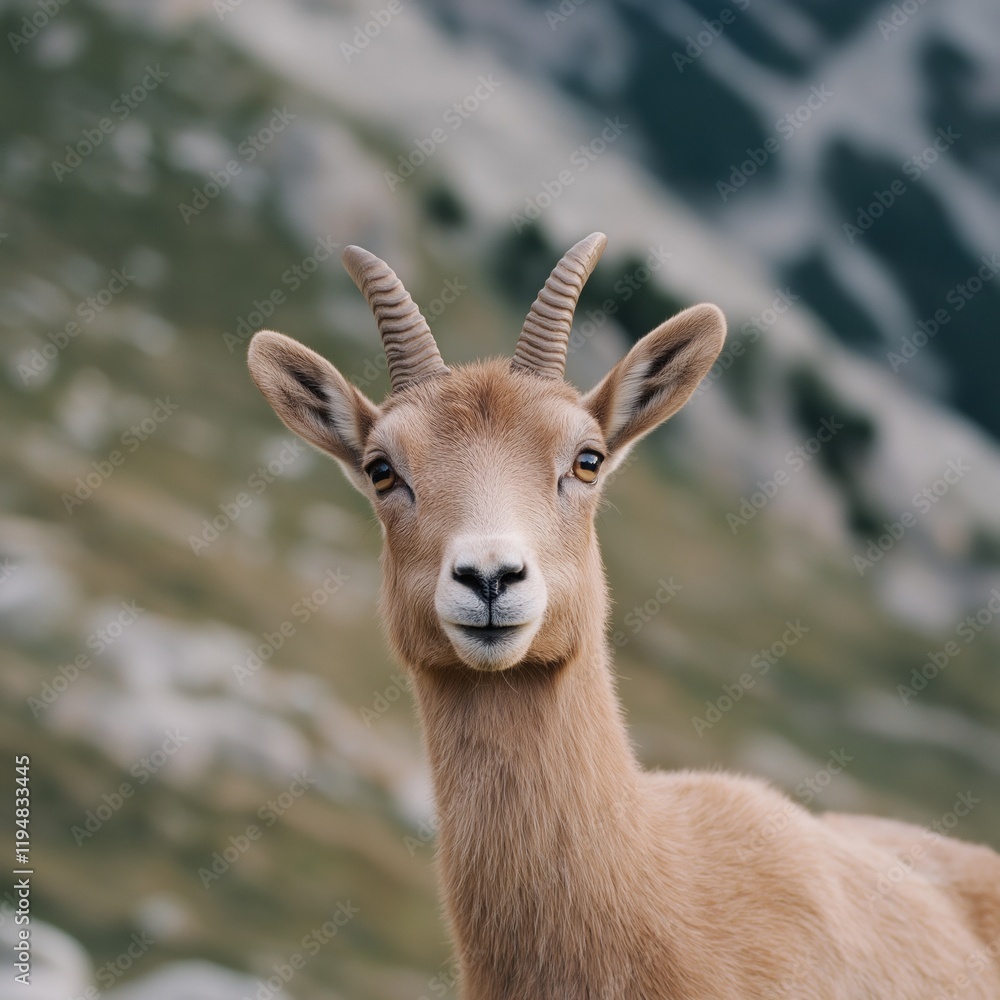 Obraz premium A goat with horns is staring at the camera. The goat is brown and has a white nose