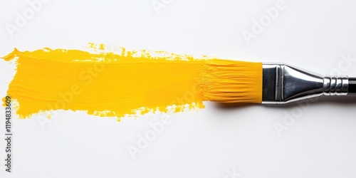 Yellow paintbrush laying horizontally next to a vibrant yellow paint streak on a clean white backdrop showcasing minimalistic interior design trends