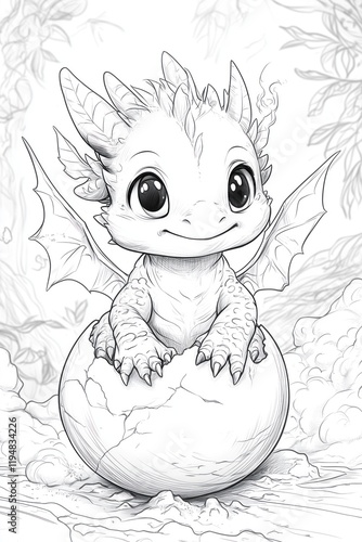 Obraz na płótnie Line coloring sheet suitable for a coloring book page, of a kawaii baby dragon emerging from a cracked egg, with big curious eyes and tiny wings w salonie