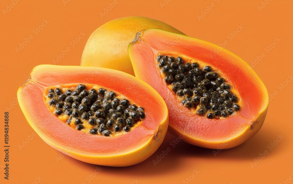 A whole and halved papaya with bright orange flesh and black seeds on a pastel orange background A whole and halved papaya with bright orange flesh and black seeds on a pastel orange background
