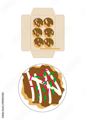 日本の大都市で万博も開かれる大阪の名物たこ焼きとお好み焼きのベクターイラスト　