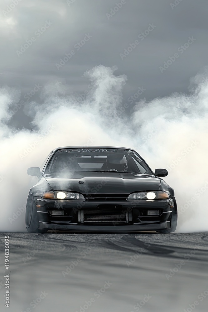 A car performing drifts on the track, with smoke billowing from under the wheels, leaving drift lines on the asphalt. The car is moving at a high speed A car performing drifts on the track, with smoke billowing from under the wheels, leaving drift lines on the asphalt. The car is moving at a high speed