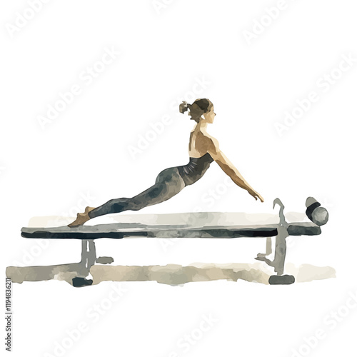 A watercolor of someone performing Pilates exercises for flexibility and core strength, isolated on a white background. Strength training vector.
