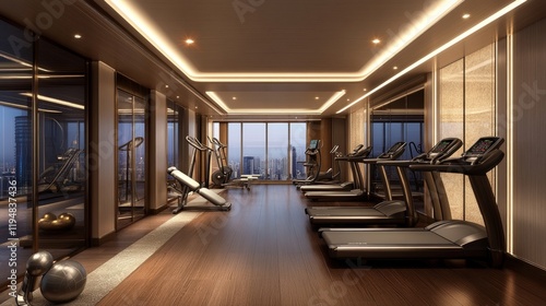 Luxurious fitness center featuring modern equipment, sleek design, and an upscale atmosphere, perfect for an elite workout experience