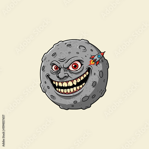 A cartoon illustration depicts an angry moon face with a rocket embedded in its side, displaying a menacing grin.