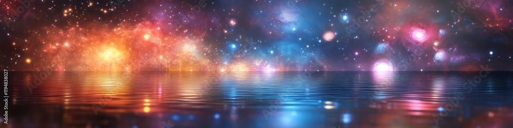 Naklejka premium Mesmerizing cosmic panorama of galaxy reflections on tranquil water surface