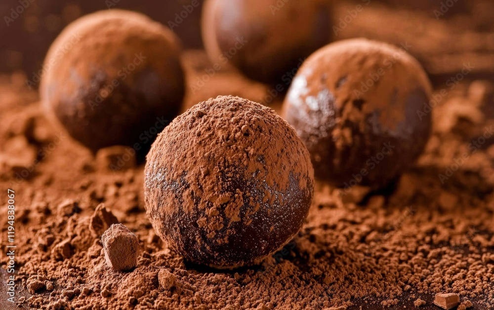 Chocolate truffles with a dusting of cocoa powder, floating mid-air on a dark brown background Chocolate truffles with a dusting of cocoa powder, floating mid-air on a dark brown background