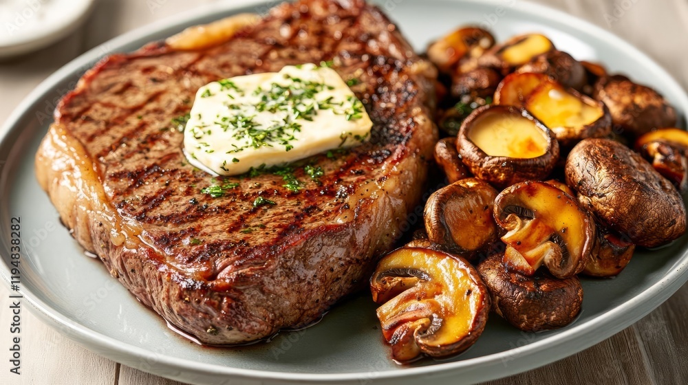 Juicy ribeye steak plated with roasted mushrooms and a drizzle of herb butter Juicy ribeye steak plated with roasted mushrooms and a drizzle of herb butter