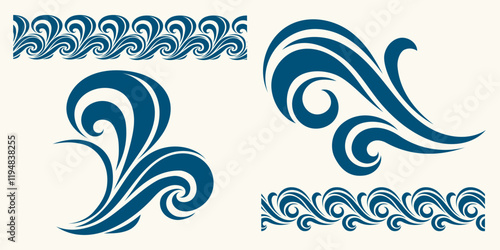 Blue Waves Set. Seamless beautiful waves. Vector blue marine pattern. Stylized design..