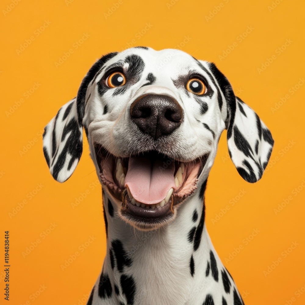 Close-up portrait of a cheerful dalmatian dog with a wide smile and a bright orange backdrop