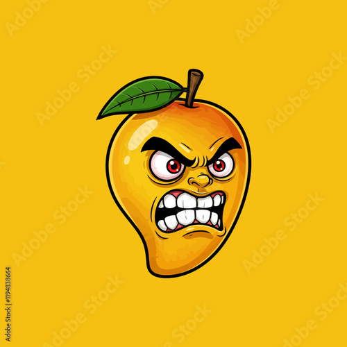 A cartoon illustration depicts an angry mango with a fierce expression on its face against a yellow background.
