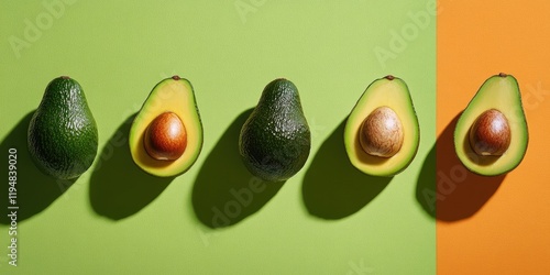 Aerial view of whole avocados and halved counterparts on vibrant green and orange backdrop, showcasing smooth textures and rich colors. photo