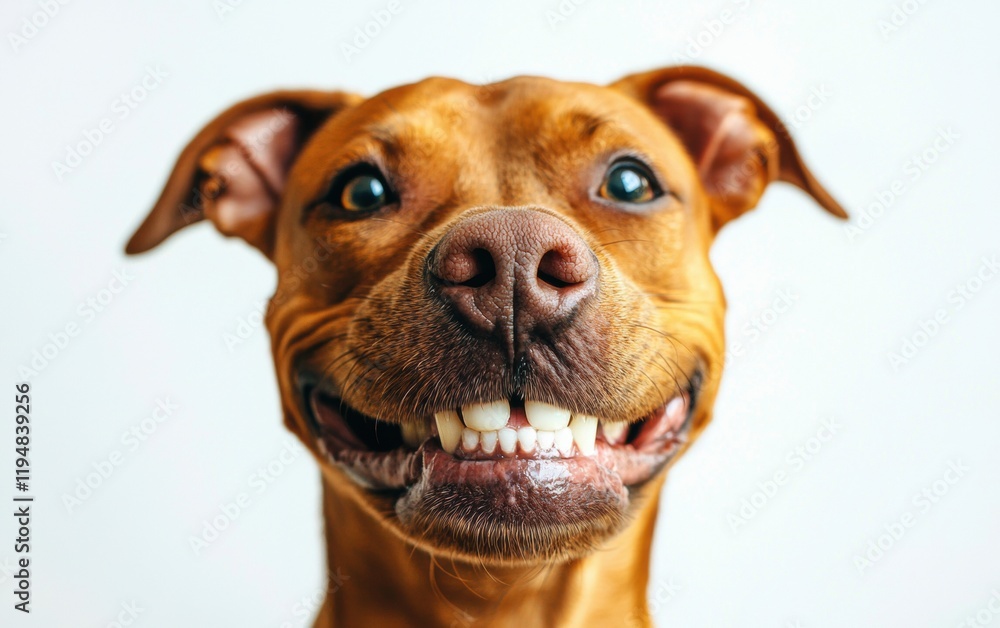 Close-up portrait of a cheerful dog with a wide smile and a bright white backdrop Close-up portrait of a cheerful dog with a wide smile and a bright white backdrop