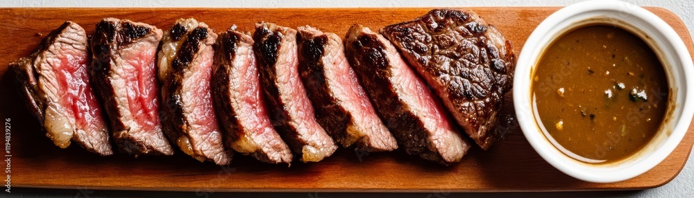 Juicy ribeye steak sliced into thin pieces, served with a soy-ginger dipping sauce Juicy ribeye steak sliced into thin pieces, served with a soy-ginger dipping sauce