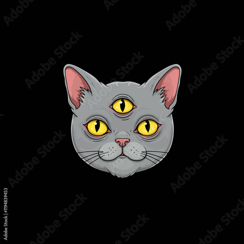 A stylized illustration depicts a grey cat with three yellow eyes against a black background creating a mystical and surreal image.