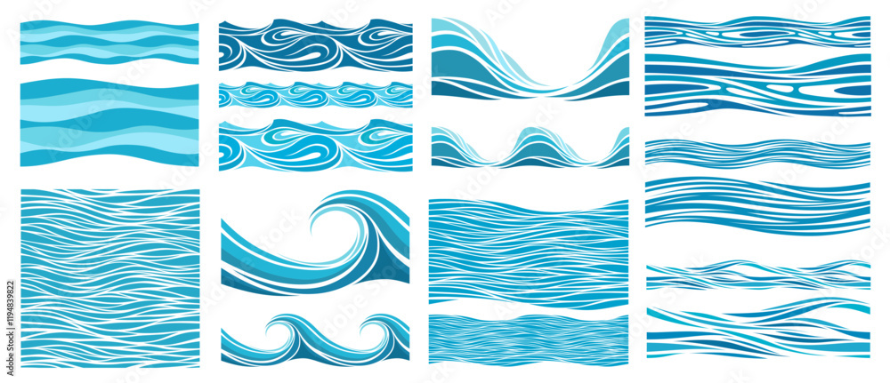 Blue Waves Set. Seamless beautiful waves. Vector blue marine pattern. Stylized design.