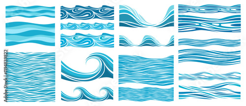 Blue Waves Set. Seamless beautiful waves. Vector blue marine pattern. Stylized design.