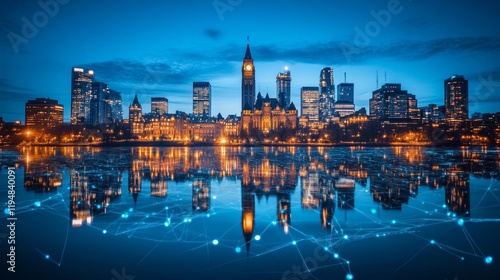 Fototapeta Naklejka Na Ścianę i Meble -  Ottawa Skyline at Twilight Parliament Hill, Cityscape Reflection, and Futuristic Network Overlay