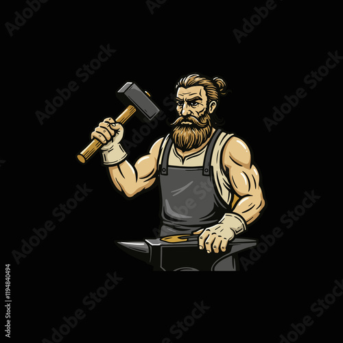 A powerful blacksmith with a beard stands at his anvil holding a large hammer ready to strike.