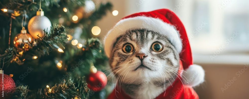 A pet wearing a festive costume, sitting next to a Christmas tree, 4k photo. A pet wearing a festive costume, sitting next to a Christmas tree, 4k photo.
