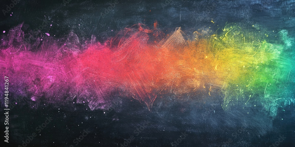 Vibrant chalk dust explosion in rainbow colors on a dark blackboard background ideal for overlaying text or graphic design elements in advertising Vibrant chalk dust explosion in rainbow colors on a dark blackboard background ideal for overlaying text or graphic design elements in advertising