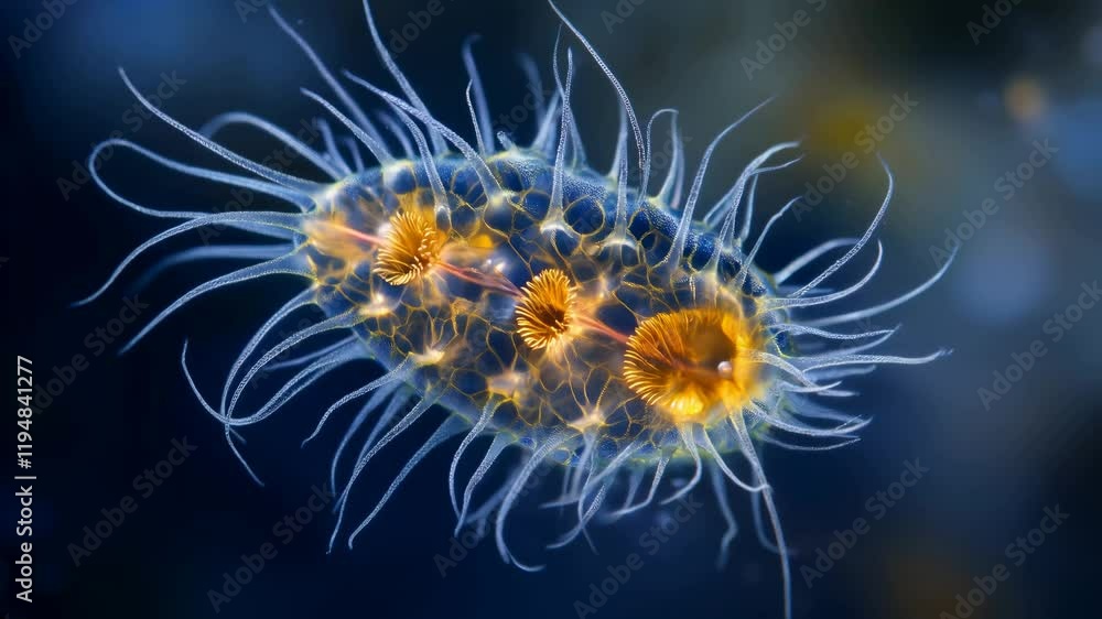 Microscopic View of a Virus or Bacteria with Glowing Yellow Centers and Translucent Cilia in a Dark Blue Environment Microscopic View of a Virus or Bacteria with Glowing Yellow Centers and Translucent Cilia in a Dark Blue Environment