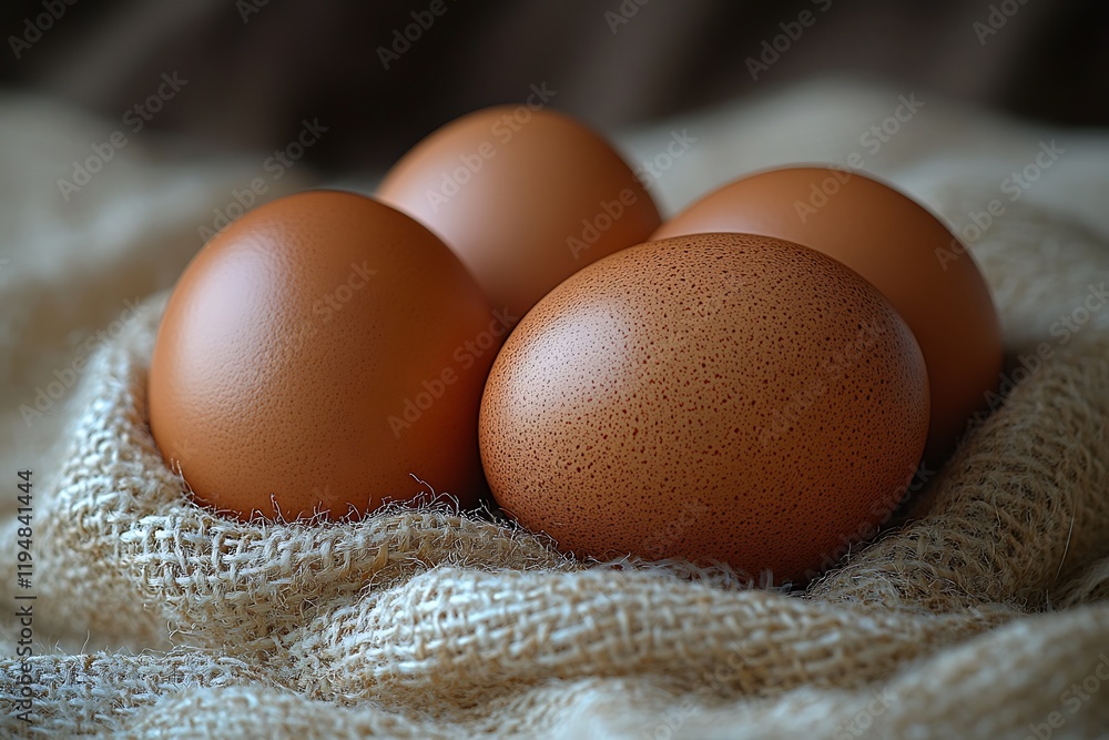 A close-up photograph of four brown chicken eggs nestled in a rustic burlap sack, capturing the essence of fresh and organic farm-raised eggs. A close-up photograph of four brown chicken eggs nestled in a rustic burlap sack, capturing the essence of fresh and organic farm-raised eggs.