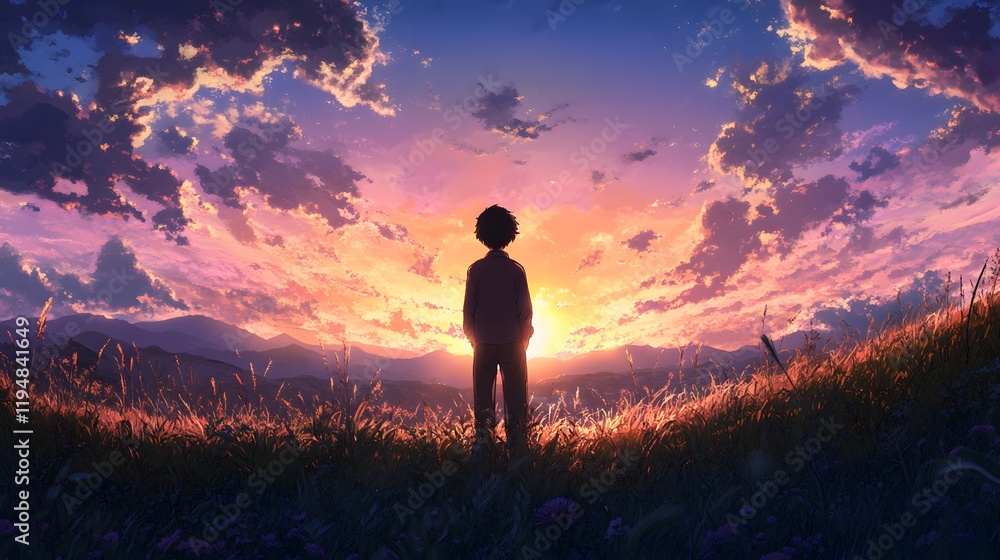 Obraz premium A young boy stands silhouetted against a vibrant sunset sky.
