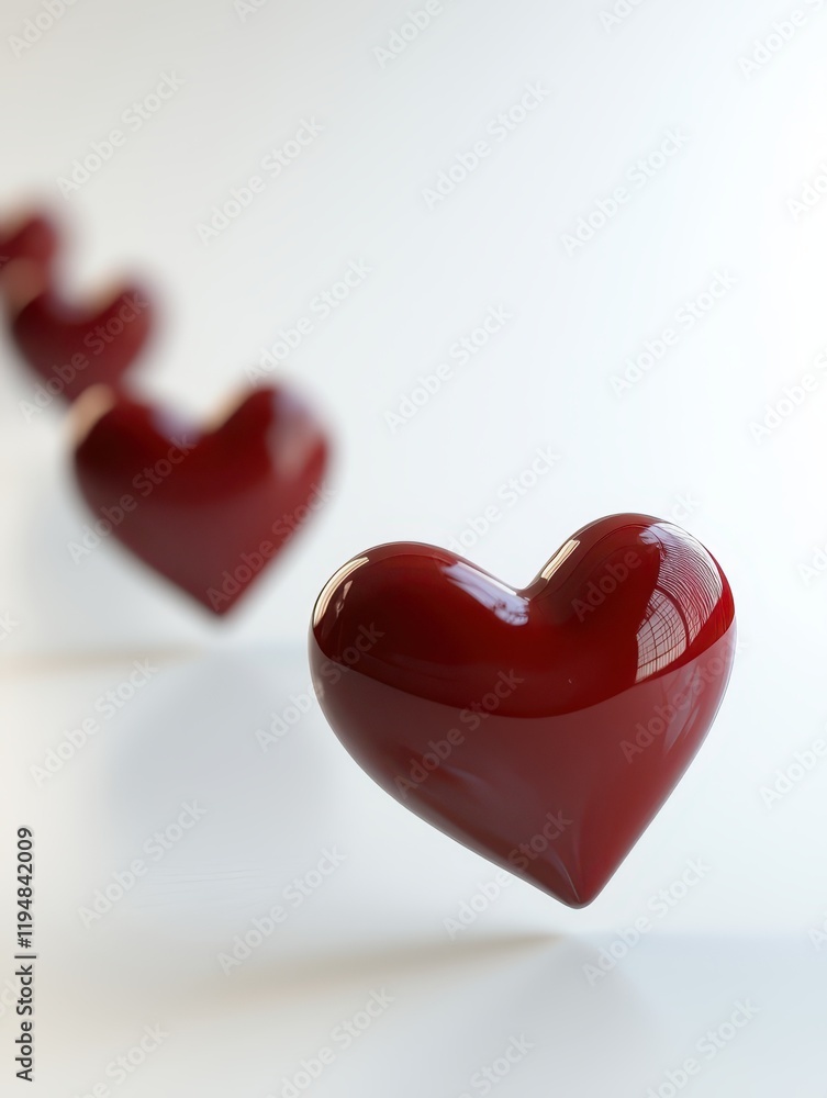 Fototapeta premium Glossy floating red plastic Hearts flying falling in motion on white background backdrop love illustration