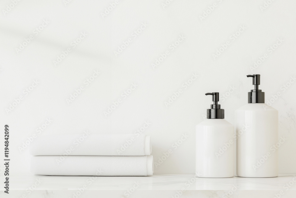 Elegant bathroom shelf featuring white towels and minimalist lotion dispensers. Elegant bathroom shelf featuring white towels and minimalist lotion dispensers.