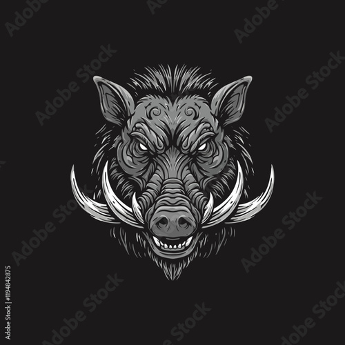 A grayscale illustration depicts the aggressive head of a wild boar with prominent tusks and a fierce expression.